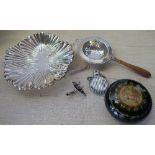 A hallmarked silver tea strainer, together with other metalware and a papier mache box