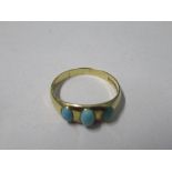 An Edwardian 18carat gold three stone turquoise ring, Birmingham 1908, finger size S, 3.2g gross