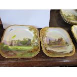 Two Royal Worcester square plates, printed painted with Oystermouth Castle and Kitchurn Castle,