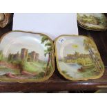 Two Royal Worcester square plates, printed painted with Windsor Castle and Raglan Castle, both