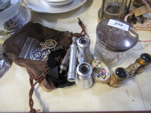 A silver topped dressing table bottle, two pairs of opera glasses, a Halcyon Days box, a policeman's