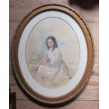 A 19th century oval watercolour, portrait of a young woman, maximum diameter 15.5ins