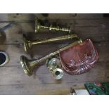 A box of brassware, to include 19th century ejector candlesticks, measure, etc, together with a