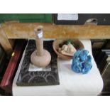 A collection of Eastern pottery, a lapis carved cat and a carved and inlaid hardwood bell stand,