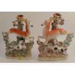 A pair of 19th century Staffordshire flatback spill vases, modelled as running deer and hounds,