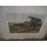 A 19th century watercolour, landscape with sheep and village, signed, 9ins x 13.5ins