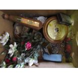 A box of assorted items, to include a wicker topped stool, a barometer etc