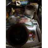 A box of assorted sundries, including tea ware, silver plate, cigarette cards, etc.