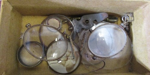 A collection of assorted items, to include spectacles, glass scones, pieces of jet, a poker  etc