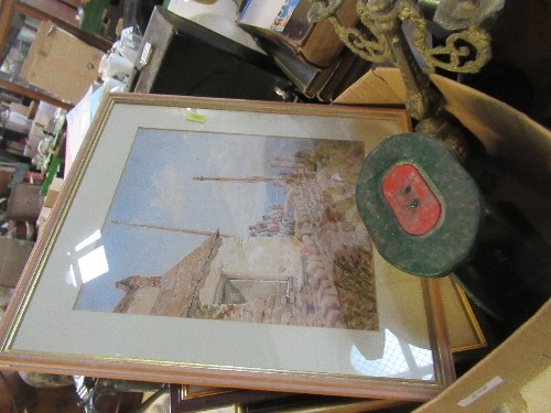 A Waymaster postal scales, a brass candelabrum, three glass paperweight and prints