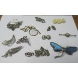 A collection of Marcasite jewellery, a Charles Horner brooch, a butterfly wing set dragonfly