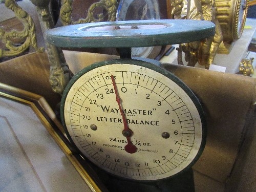 A Waymaster postal scales, a brass candelabrum, three glass paperweight and prints - Image 2 of 5