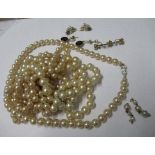 A seed pearl set bar brooch, together with two pairs of earrings and some simulated pearl necklaces