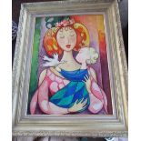 Janelle, oil on artist board, mother holding a child and bird, dated '73, 23ins x 17ins