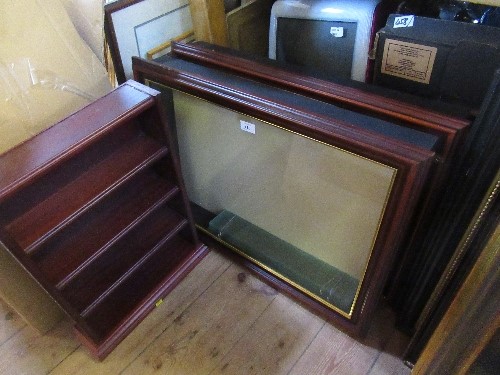 Two wall mounted glass fronted display cases, together with a set of display shelves