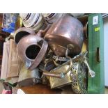 A collection of metalware to include pierced trivet, copper kettles, watering can etc