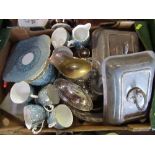 A box of sundry china and metalware