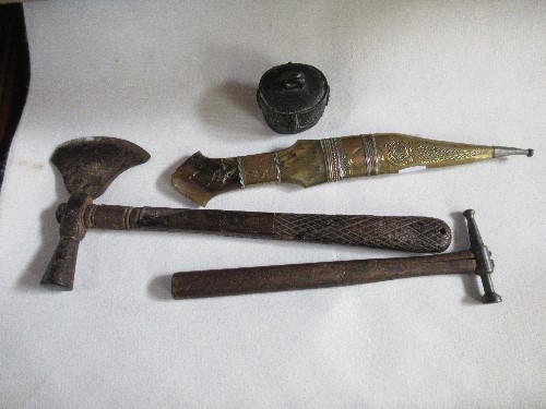 An Eastern dagger with horn handle and brass scabbard, an axe and two other items - Image 2 of 2