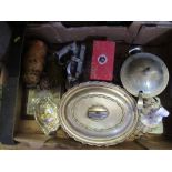 A box of sundries to  include silver plate, Russian dolls, etc.