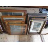 Two Victorian prints, in birds eye maple frames, together with two other birds eye maple frames