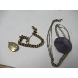 A circular purple enamel powder locket, on a chain, together with a metal oval locket, and a metal