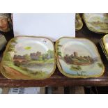 Two Royal Worcester square plates, printed painted with Pembroke Castle and Alnwick Castle, all