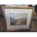James D Preston, limited edition colour print, view across moors to the sea with deer, 12ins x