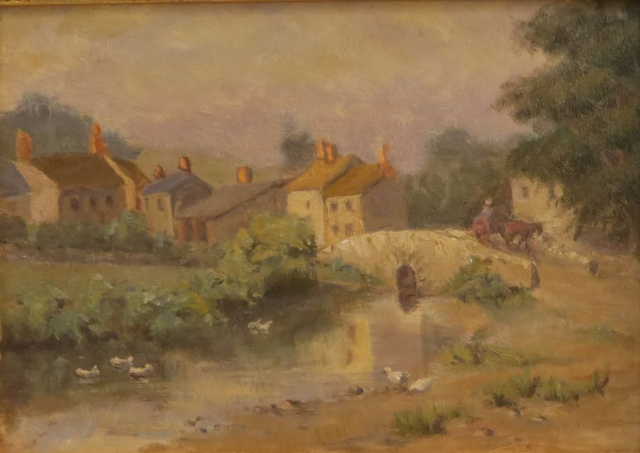 George Thomas Rope, two oil on boards, figure walking on a path, 7.5ins x 11ins and village scene, - Image 6 of 7