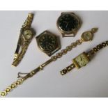 Three ladies wrist watches, together with two black faced wrist watches