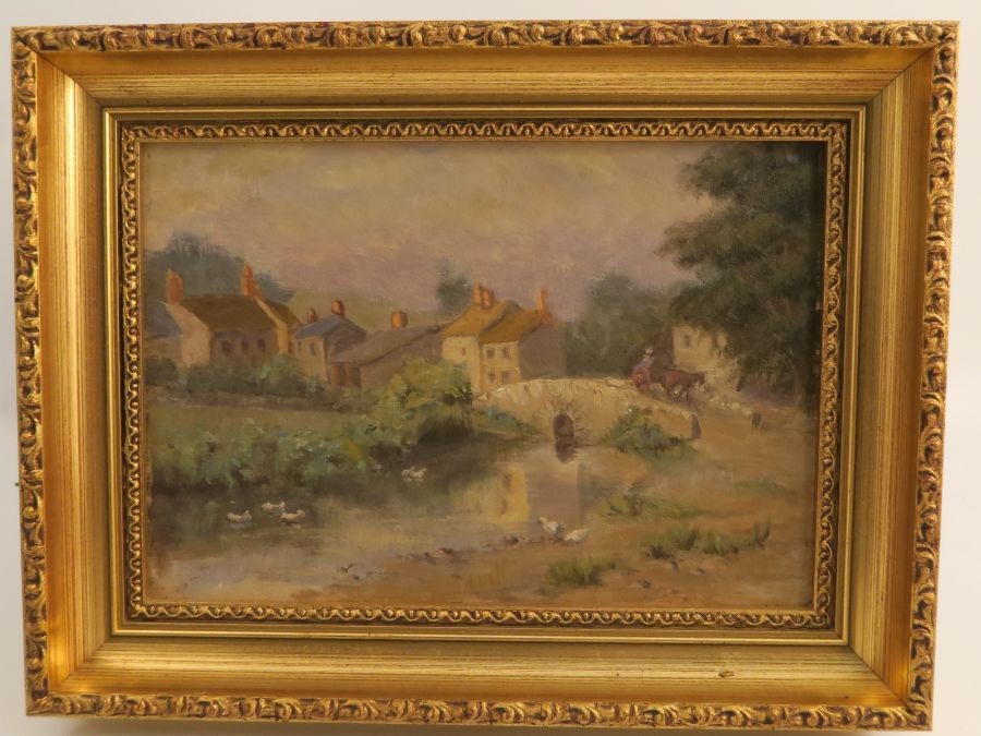 George Thomas Rope, two oil on boards, figure walking on a path, 7.5ins x 11ins and village scene, - Image 5 of 7