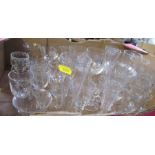 A box of assorted antique glasses, to include hollow stem champagne flute, some with etched