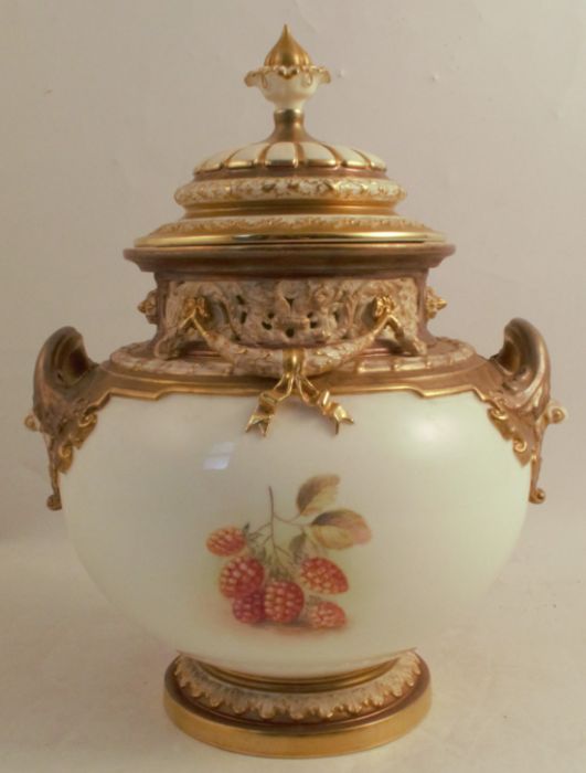 A Royal Worcester covered bow piece, decorated half round with hand painted fruit by Ayrton, shape - Image 3 of 4