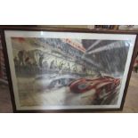 A colour print, 24 Houres du Mans 1954, 27ins x 39ins, together with a framed black and white