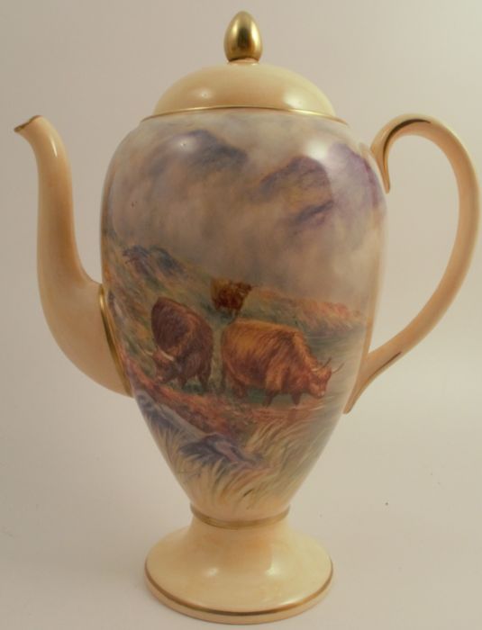 F Clark, a porcelain tea pot, decorated with Sheep in landscape to the front, height 7ins, - Image 5 of 7