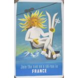 Dubois, a French travel poster, Join the Sun on a Ski-run in France, from the Ministere des