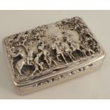 A Victorian silver snuff box, with ornate repousse cover of classical scene, with engine turned