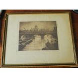 C.R.W Nevinson, monochrome print, view on the river Thames looking toward St. Paul's, signed in