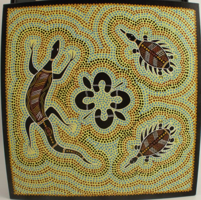 Aboriginal Art, oil on canvas, three animals to a spotted yellow ground, 17.5ins x 17.5ins
