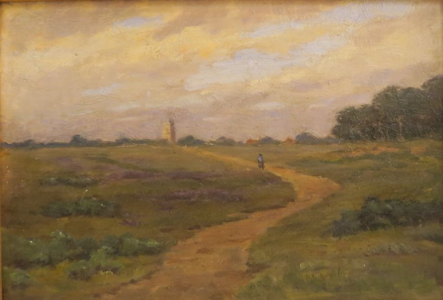 George Thomas Rope, two oil on boards, figure walking on a path, 7.5ins x 11ins and village scene, - Image 2 of 7