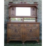 A Liberty style oak Art Nouveau mirror back sideboard, with copper mounts, width 59.5ins, depth