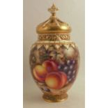 A Royal Worcester crown top pot pourri, decorated half round with hand painted fruit by Ayrton,