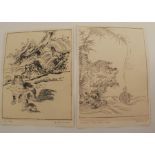 Kano Tsunenobu, two Japanese woodcut prints, animals in landscape, both unframed, approximately 9.
