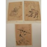 Three Antique Japanese woodcut prints, of birds, monkeys and a bird with shell, all unframed,