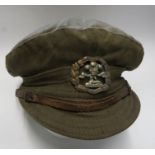 WW1 style British Army khaki denim trench cap, with South Lancashire regiment badge, black lining