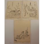 Kano Naonobu, Japanese woodcut print, three figures, unframed, 9.5ins x 6.5ins, together with