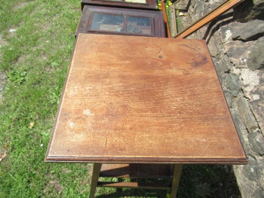 An Arts and Crafts style square topped side table, raised on outswept legs united by a shelf, - Image 3 of 4