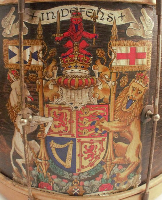 A wooden drum, painted with a coat of arms, diameter 16ins, height 13.75ins - Image 2 of 3
