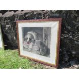 A print after Landseer, of a large hound and a terrier puppy with a bone outside a kennel, bears