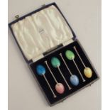 A cased set of six hallmarked silver and enamel bowl back coffee spoons, each with different