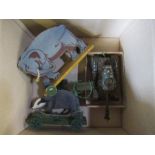 Two child's pull along animals, an elephant and a badger, together with Mettoy remote control tank,